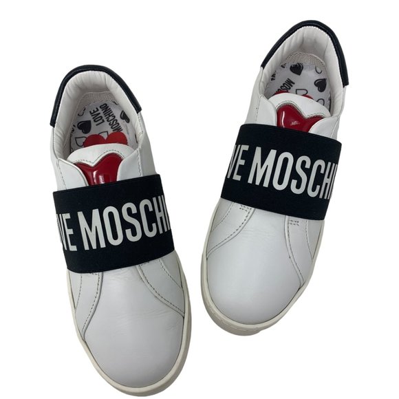 Love Moschino Shoes - Love Moschino Logo White Leather Low Top Heart Detail Slip On Sneakers Size 36